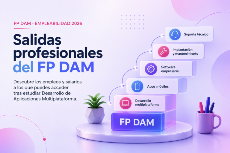 Salidas profesionales del FP DAM: recorrido profesional desde desarrollador junior hasta especialista en aplicaciones y software.