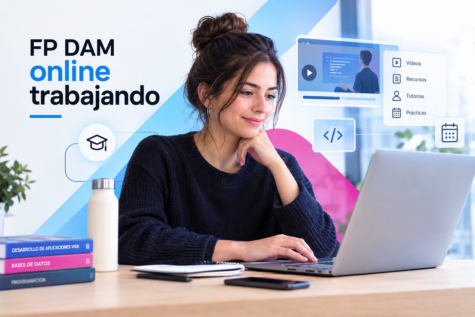 Estudiante de FP DAM online trabajando con un portátil y recursos digitales de formación en desarrollo de aplicaciones multiplataforma.